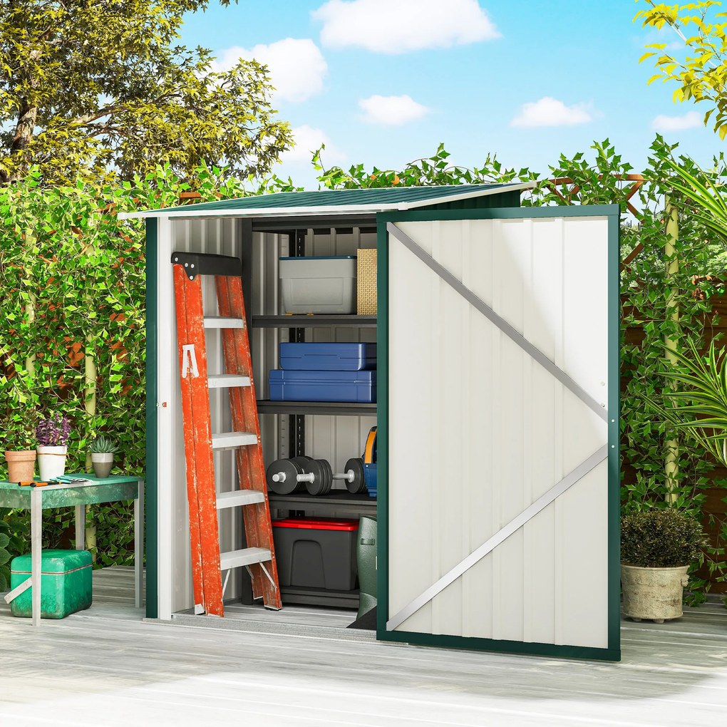 Outsunny Căsuță de Grădină 0,92m² din Oțel Galvanizat, Depozit pentru Unelte cu Ușă Blocabilă, Acoperiș Înclinat, 100x104x160 cm, Verde | Aosom Romania