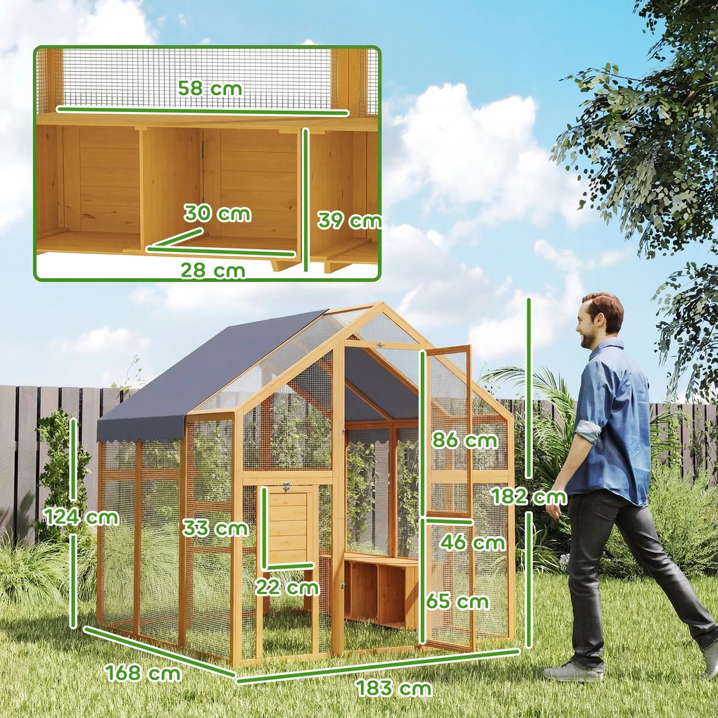 PawHut Coteț pentru găini 3,07 m² tarc exterior din lemn cu husă impermeabilă, încuietoare de siguranță, pentru 6-8 găini 1,7 x 1,8 x 1,8 m | Aosom Romania