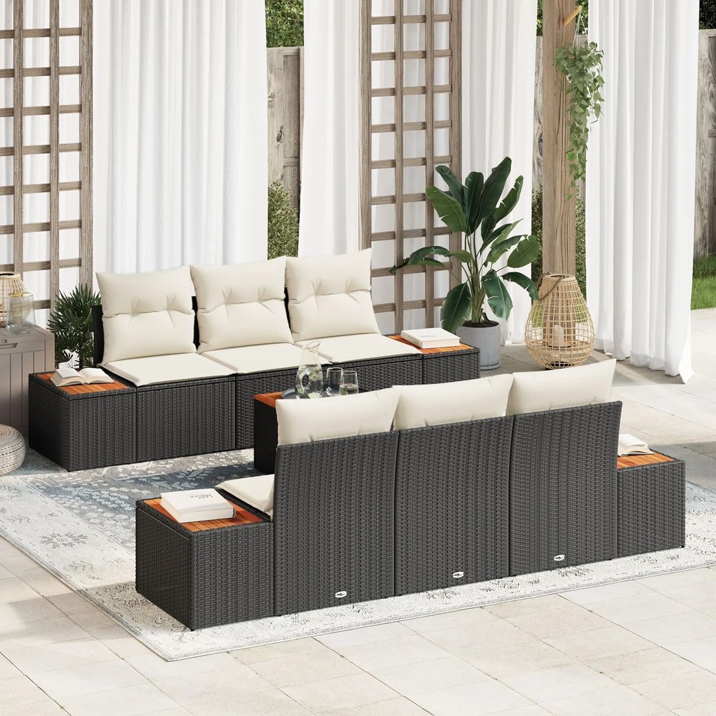 vidaXL Set de canapele de grădină 7 piese cu perne, negre, din rattan poliesteric și lemn de acacia