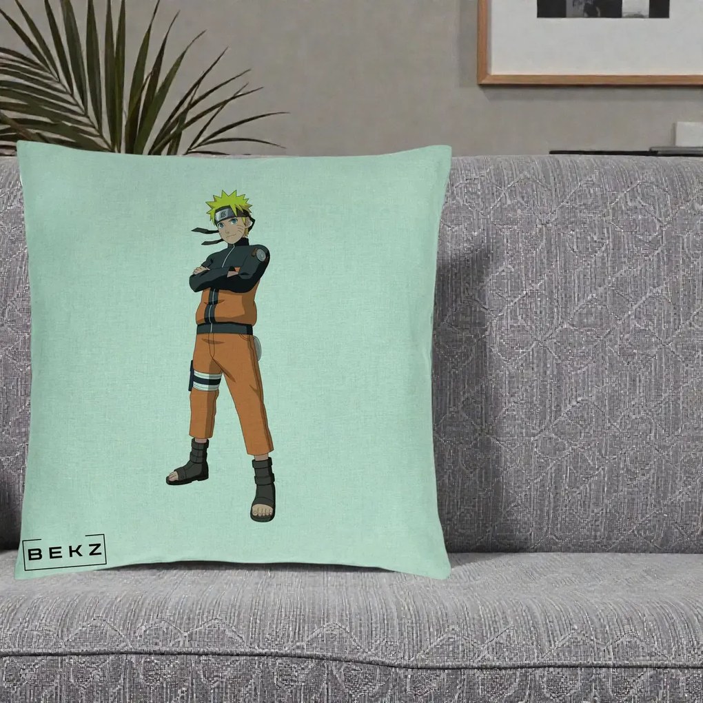 Perna Personalizata Naruto Uzumaki Portret Complet, 40x40 cm, Verde Menta, Husa Detasabila, Perna Inclusa, BEKZ®