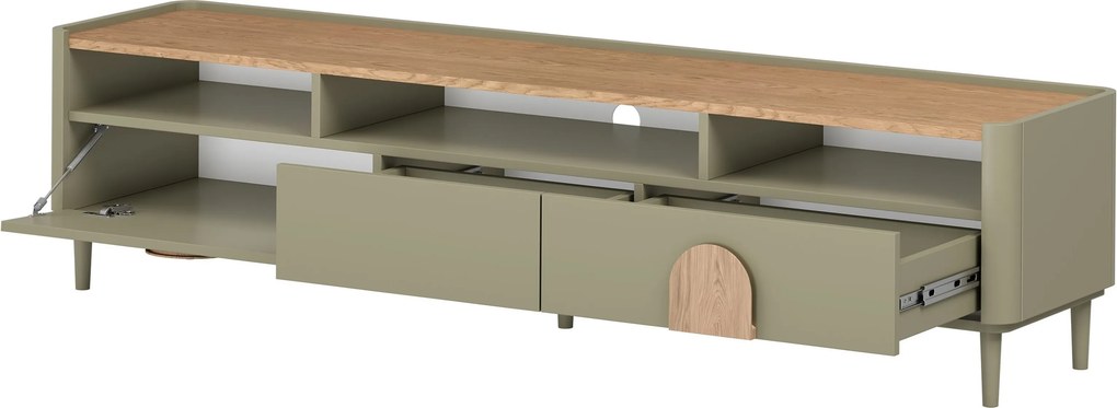 Comodă TV Amilio 200 cm pe picioare - eucalipt / stejar baltic dune / mânere stejar natural