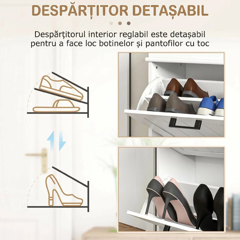 HOMCOM Dulap pentru Pantofi Spațios cu 2 Sertare Rabatabile pentru 10 Perechi de Pantofi, 54x24x82,5 cm, Alb | Aosom Romania