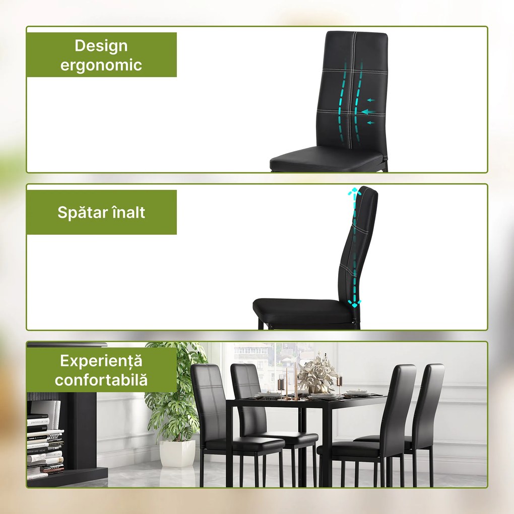 Homcom Set Masa de Luat Masa cu 4 Scaune Tapitate, Design Modern pentru Sala de Mese, Metal Sticlă PU, Negru | Aosom Romania