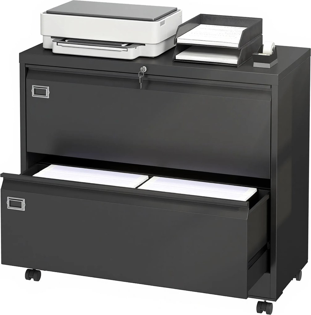 HOMCOM Container mobil cu 2 sertare închidere dulap pentru dosare cu șină suspendată reglabilă 90 x 40 x 77,4 cm Negru | Aosom Romania