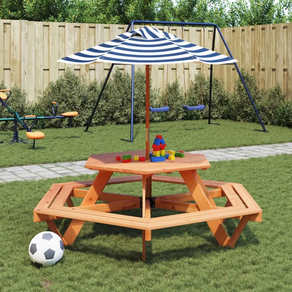 3281628 vidaXL Masă picnic pentru 6 copii cu umbrelă, hexagon, lemn masiv brad