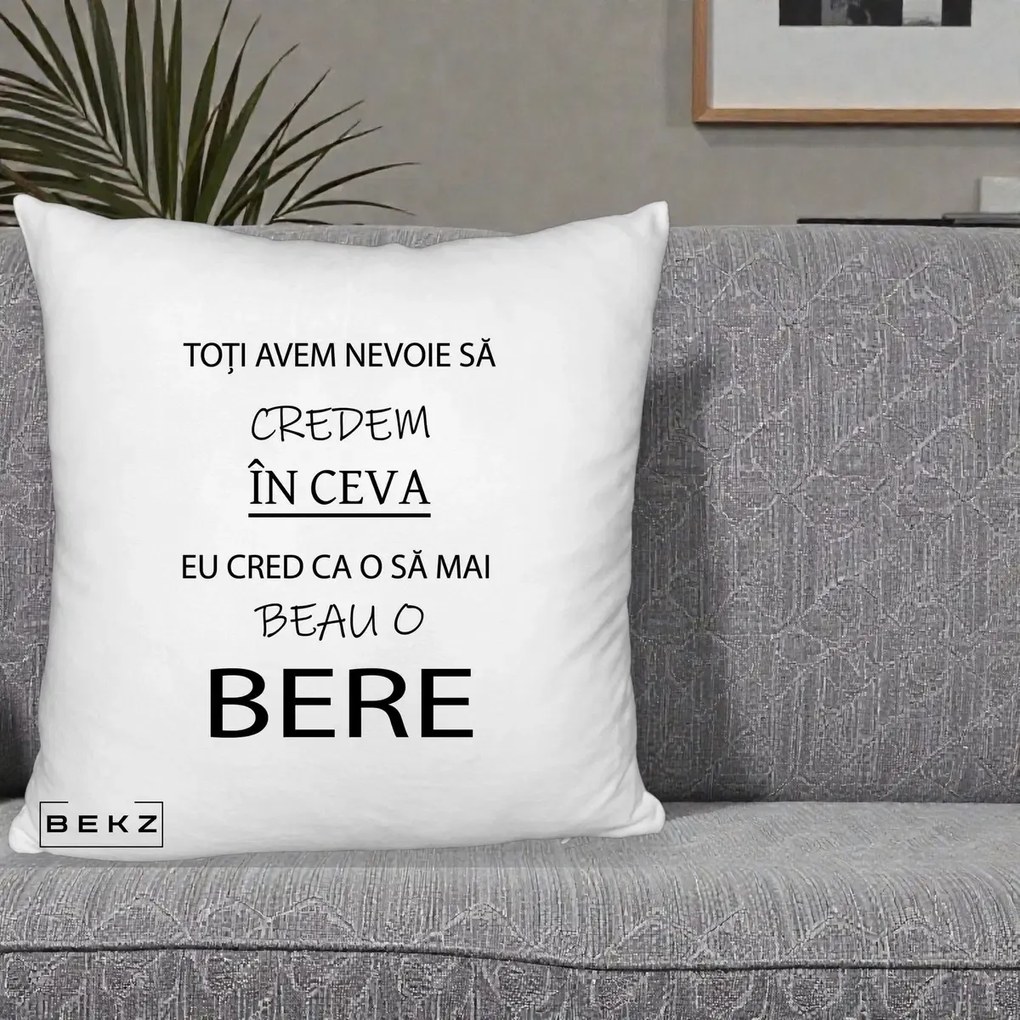 Perna Decorativa Eu Cred ca mai Beau o Bere, 40x40 cm, Alb Pufos, Husa Detasabila, Perna Inclusa, BEKZ®