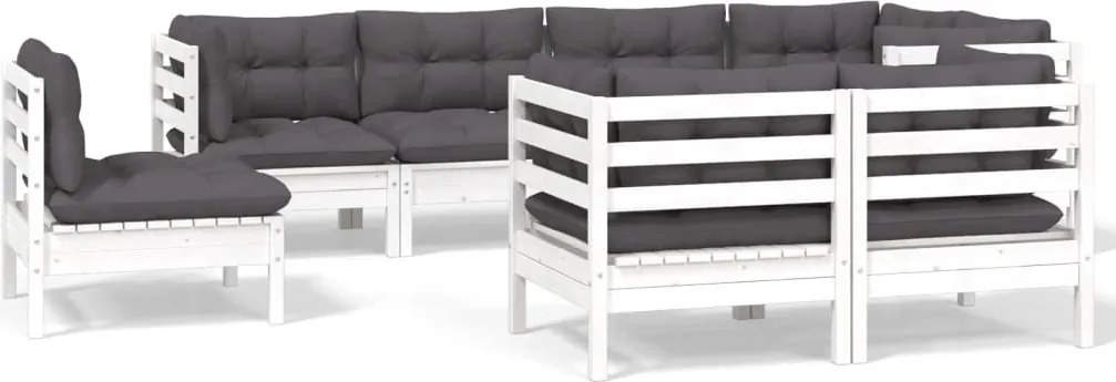 vidaXL Set mobilier de grădină cu perne, 8 piese, alb, lemn masiv pin