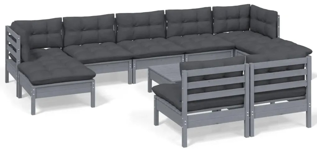 Set mobilier gradina cu perne, 10 piese, gri, lemn de pin Gri, 10