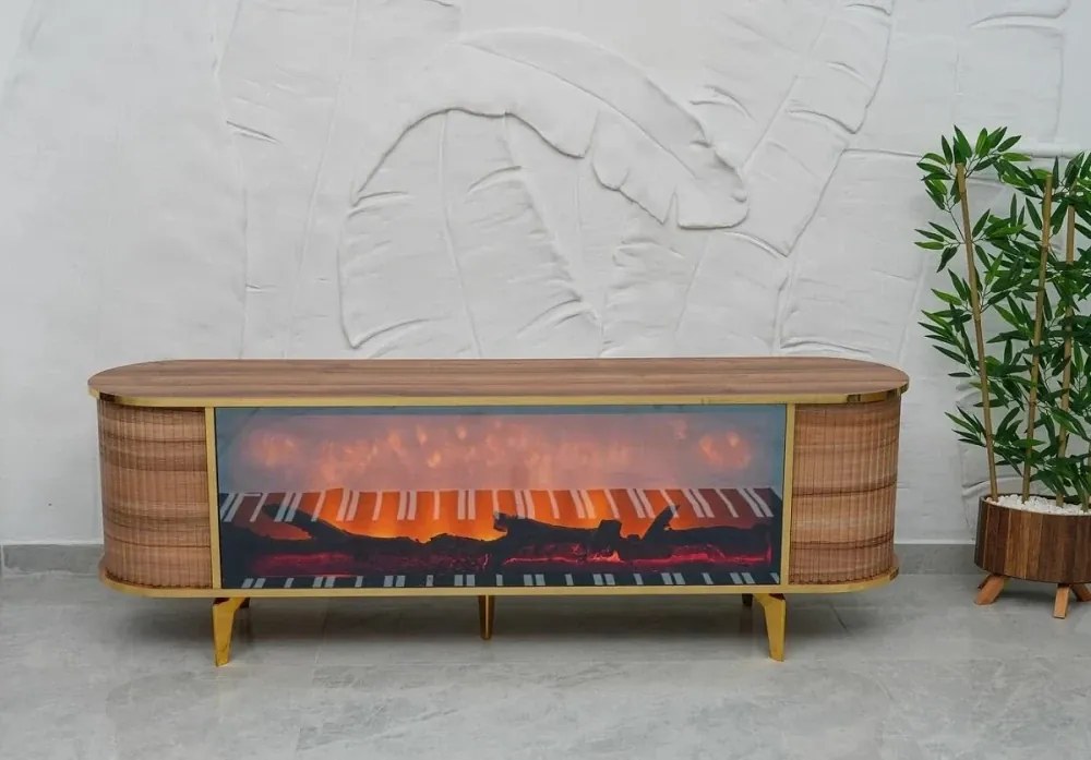 RESIGILAT- Comoda TV cu șemineu electric și riflaje, boxe Bluethooth, telecomandă, Lemn/Auriu, 180x40x50cm