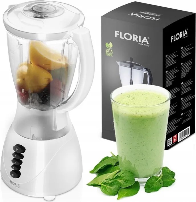 Blender FLORIA ZLN3081 ALB, Putere 300W, capacitate 1.5L, 3 viteze, Functie pulss, vas de plastic