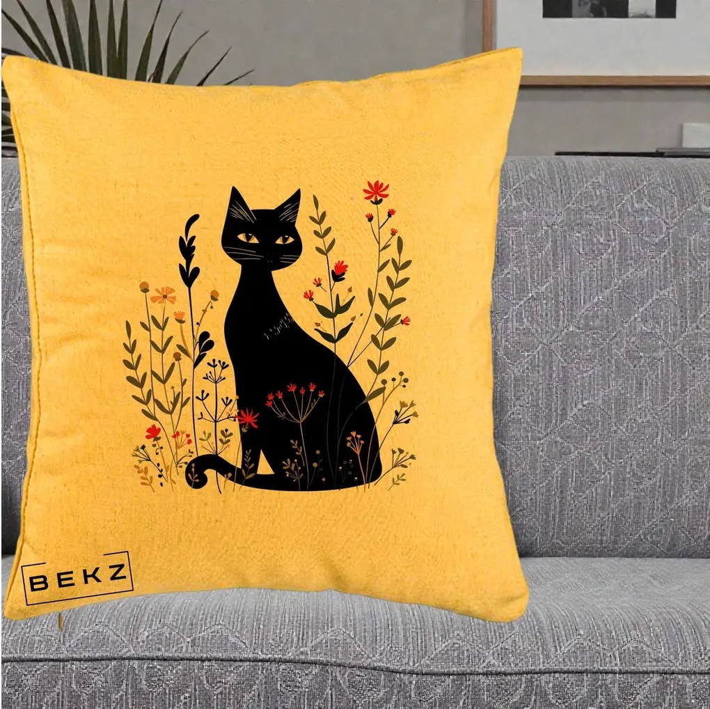 Perna Decorativa Pisica Neagra Botanica Rosu-Gri, 40x40 cm, Galben, Husa Detasabila, Perna Inclusa, BEKZ®
