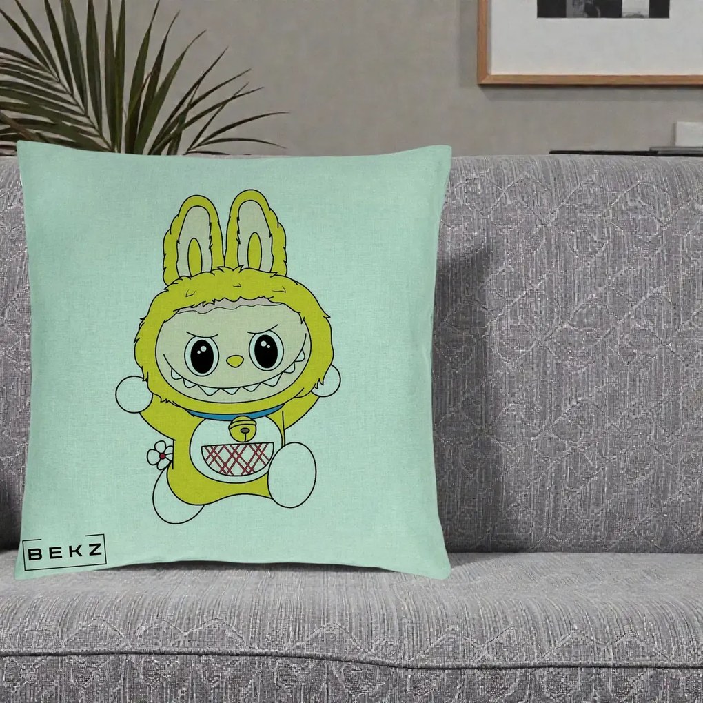 Perna Personalizata Labubu Galben Doraemon, 40x40 cm, Verde Menta, Husa Detasabila, Perna Inclusa, BEKZ®