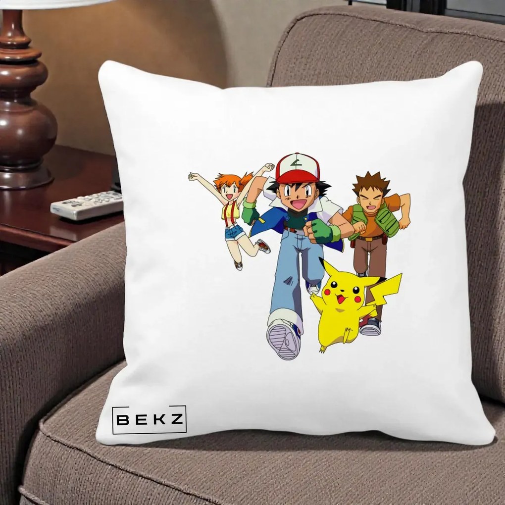 Perna Personalizata Pokemon Ash Misty Brock si Pikachu, 40x40 cm, Alba Mata, Husa Detasabila, Perna Inclusa, BEKZ®