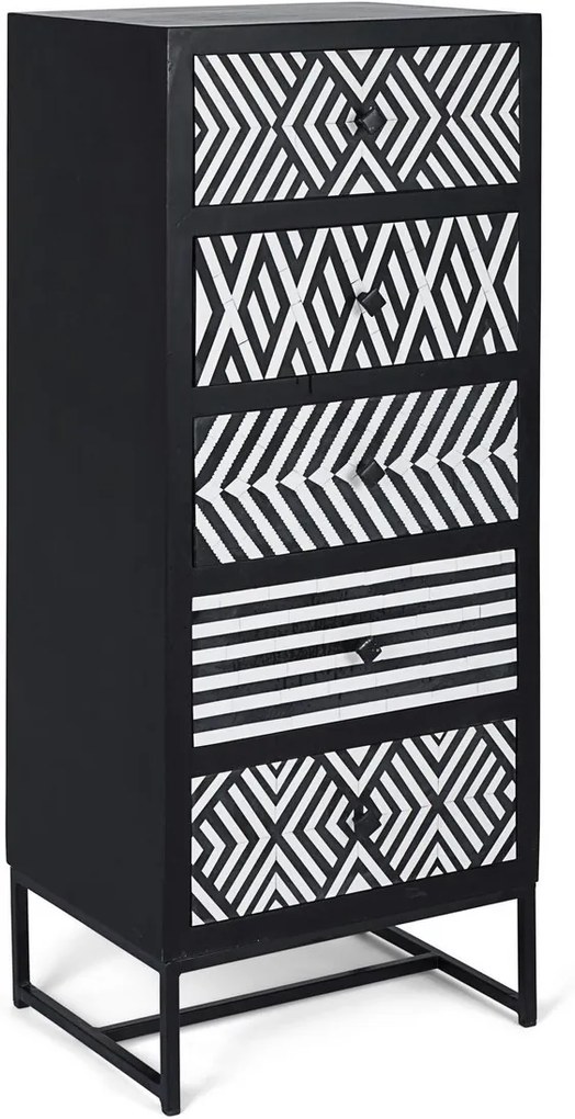 Comoda 5 sertare din lemn alb negru Janesh 45 cm x 35 cm x 110 h