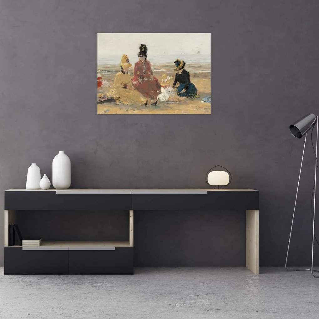 Tablou pe sticlă - Eugène Boudin, On the Beach, Trouville, reproducere (70x50 cm)