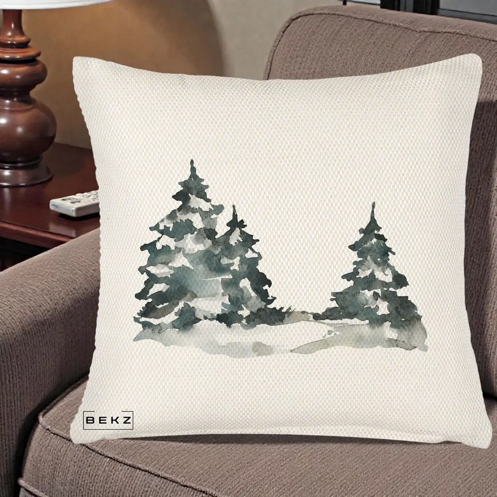 Perna Decorativa Brazi Inzapeziti Acuarela, 40x40 cm, Crem Reliefat, Husa Detasabila, Perna Inclusa, BEKZ®