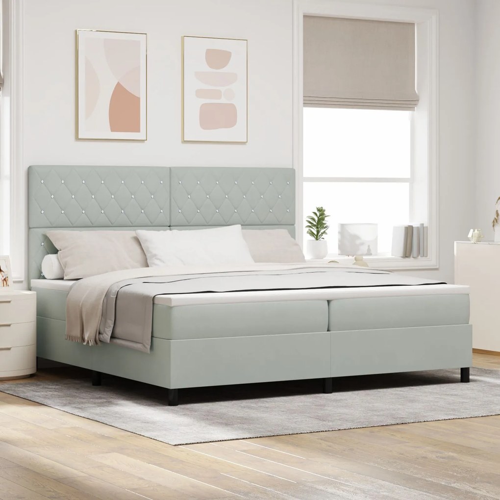 vidaXL Pat box spring cu saltea, gri deschis, 200x200 cm, catifea