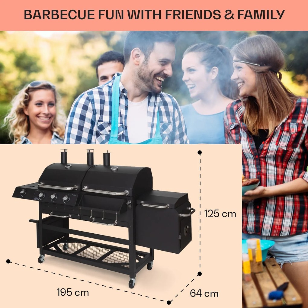 Kingsville Smoker, grătar combinat, gaz, cărbune, afumător cu cărbune, 13,5 kW, 3+1 arzătoare, negru