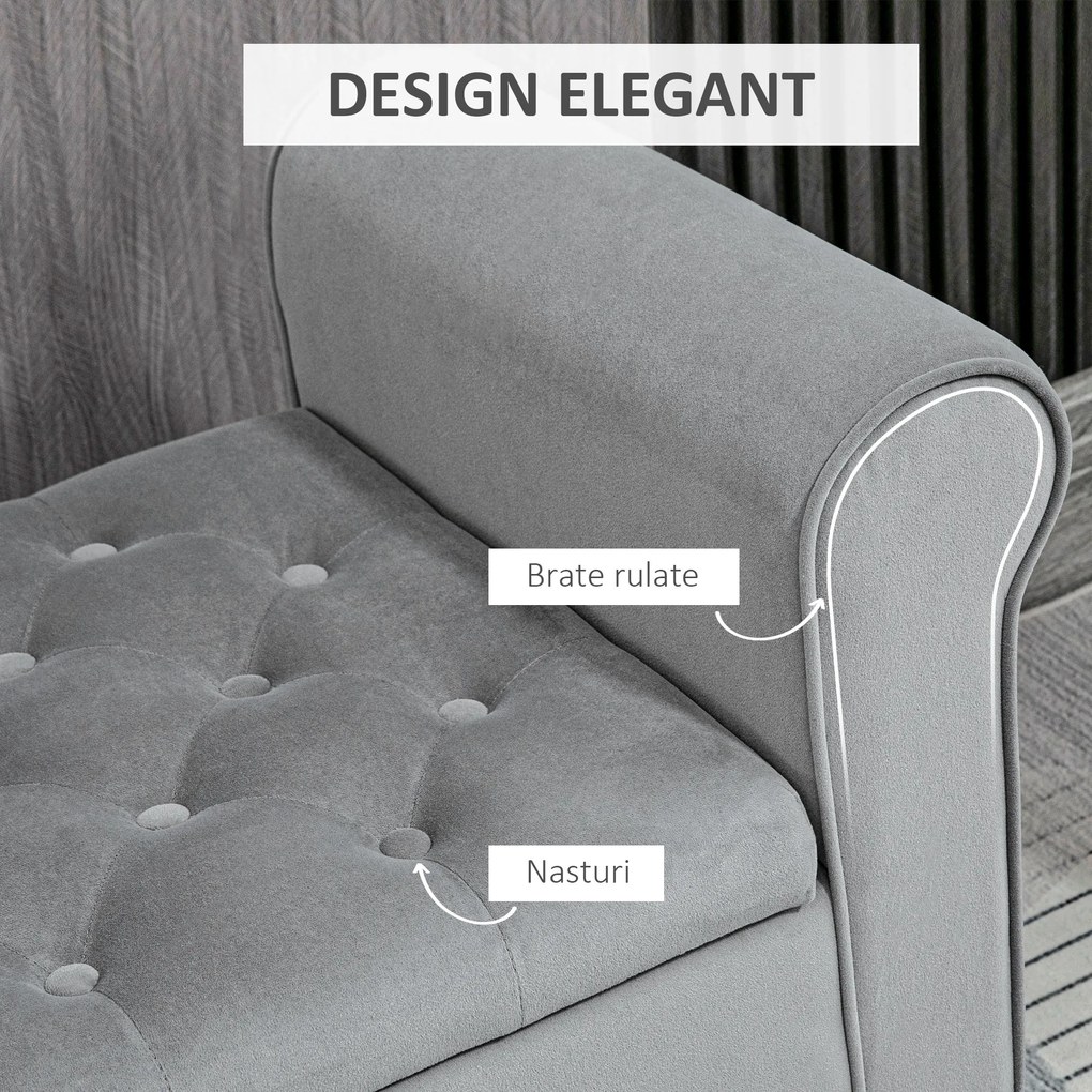 HOMCOM Bancuta Hol Banca Pat Matrimonial cu Depozitare si Cotiere Rulate, 126x48.5x57 cm, Banca Pat Gri | Aosom Romania