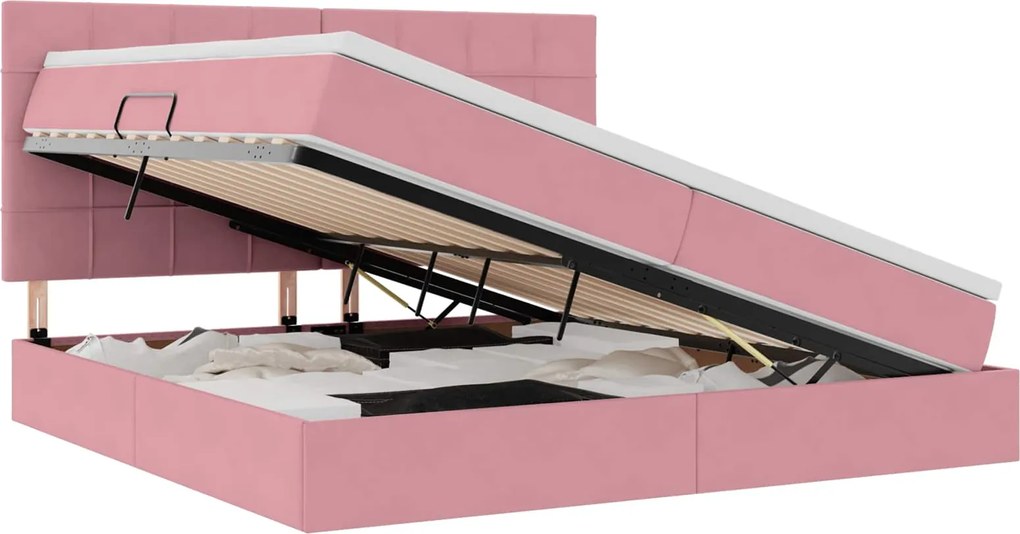 vidaXL Pat cu saltea și spațiu de depozitare Roz 200 x 200 cm Catifea