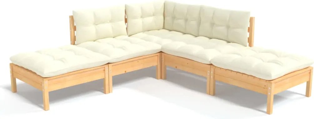 vidaXL Set mobilier grădină cu perne crem, 5 piese, lemn de pin