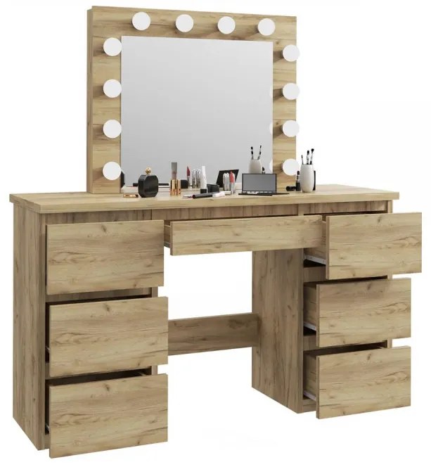 SEM508 - Set Masa toaleta, 120 cm, cosmetica machiaj, masuta vanity, oglinda cu LED-uri cu sau fără Priza, cu sau fără Scaun - Culoarea Stejar