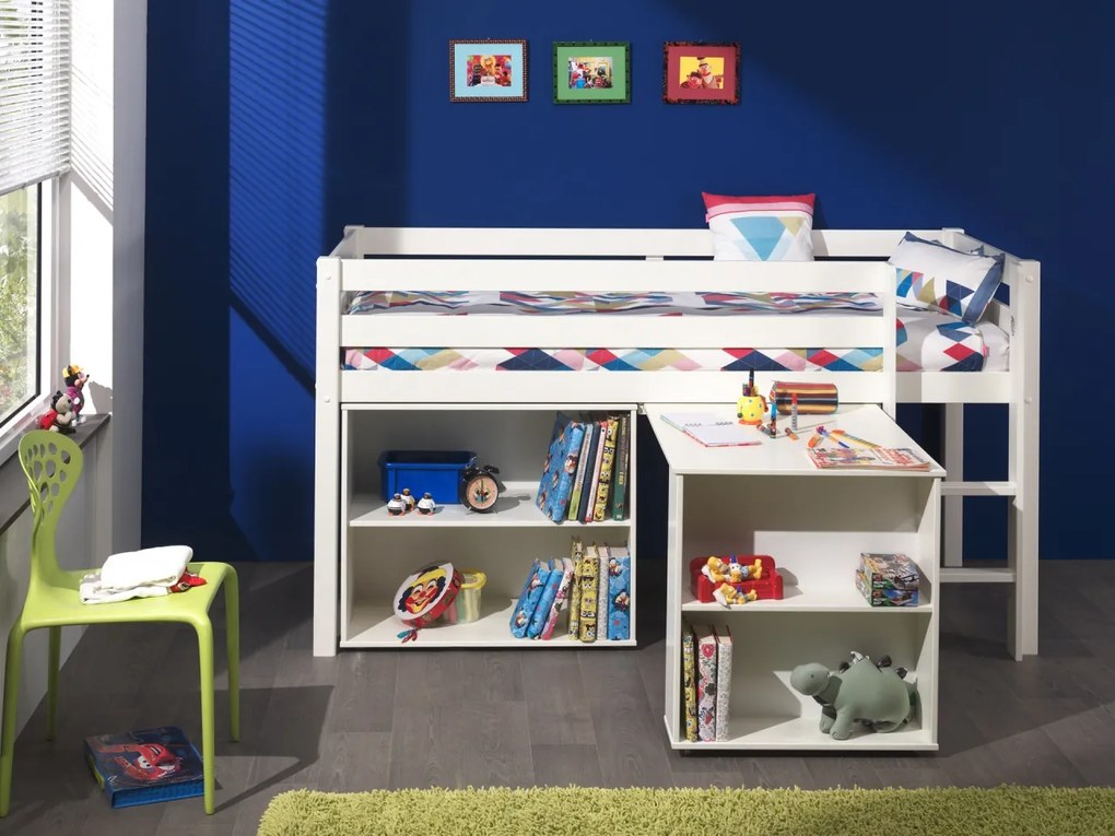 Set pat supraetajat copii PINO alb cu birou și bibliotecă – Vipack