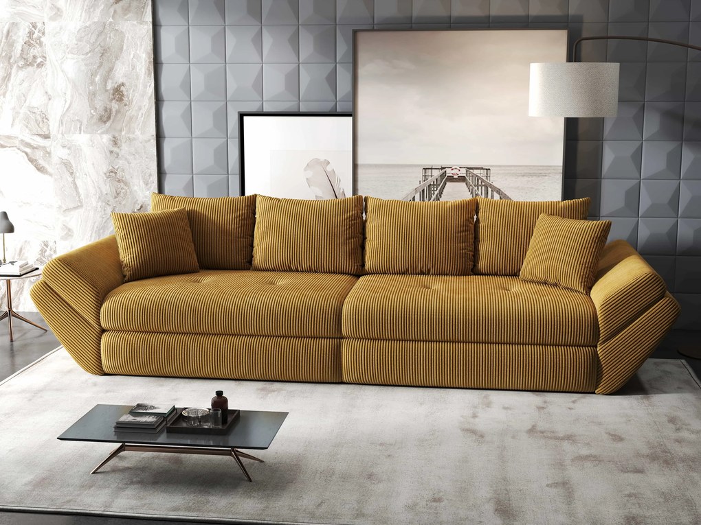 Canapea extensibilă dumonde cu ladă de depozitare si sezut confortabil din spuma high-density, Loana Zoom Mustar 300x100 cm