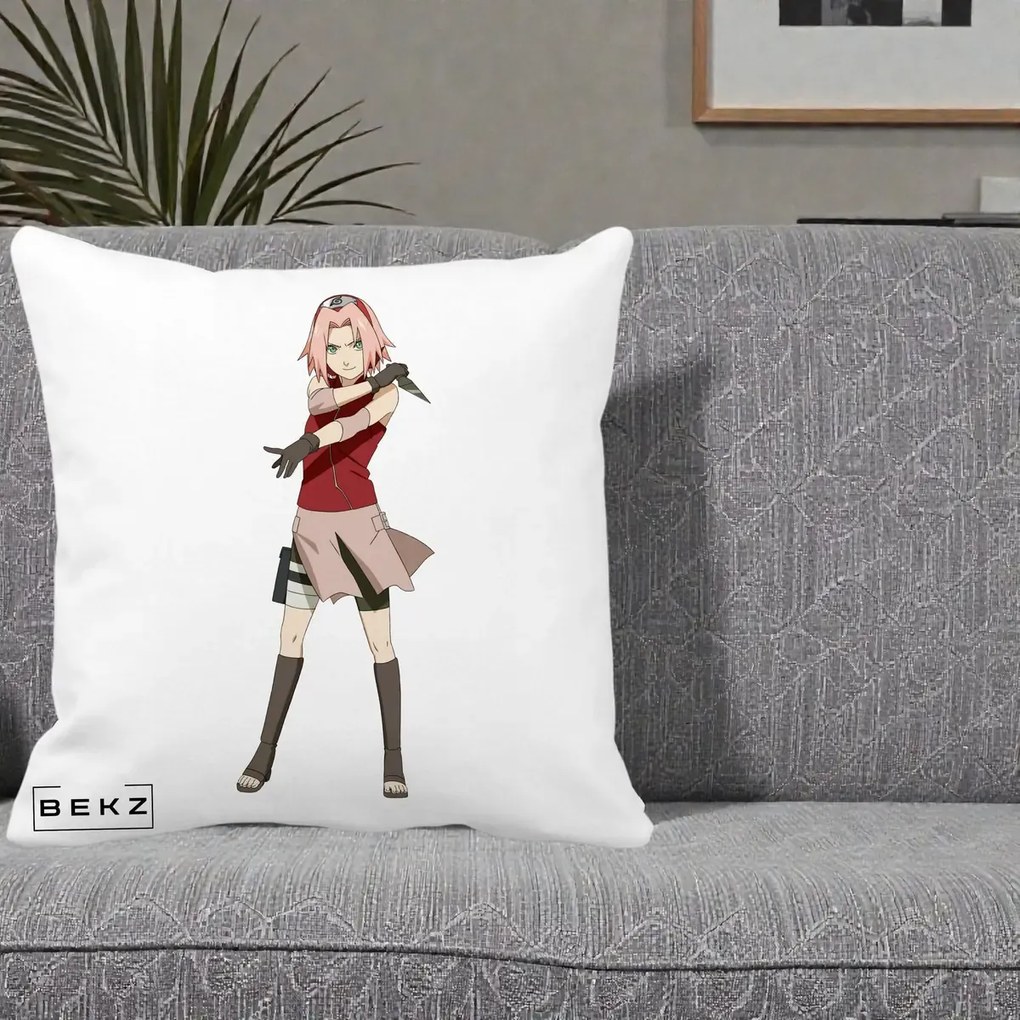 Perna Personalizata Naruto Sakura Haruno Portret, 40x40 cm, Alba Mata, Husa Detasabila, Perna Inclusa, BEKZ®