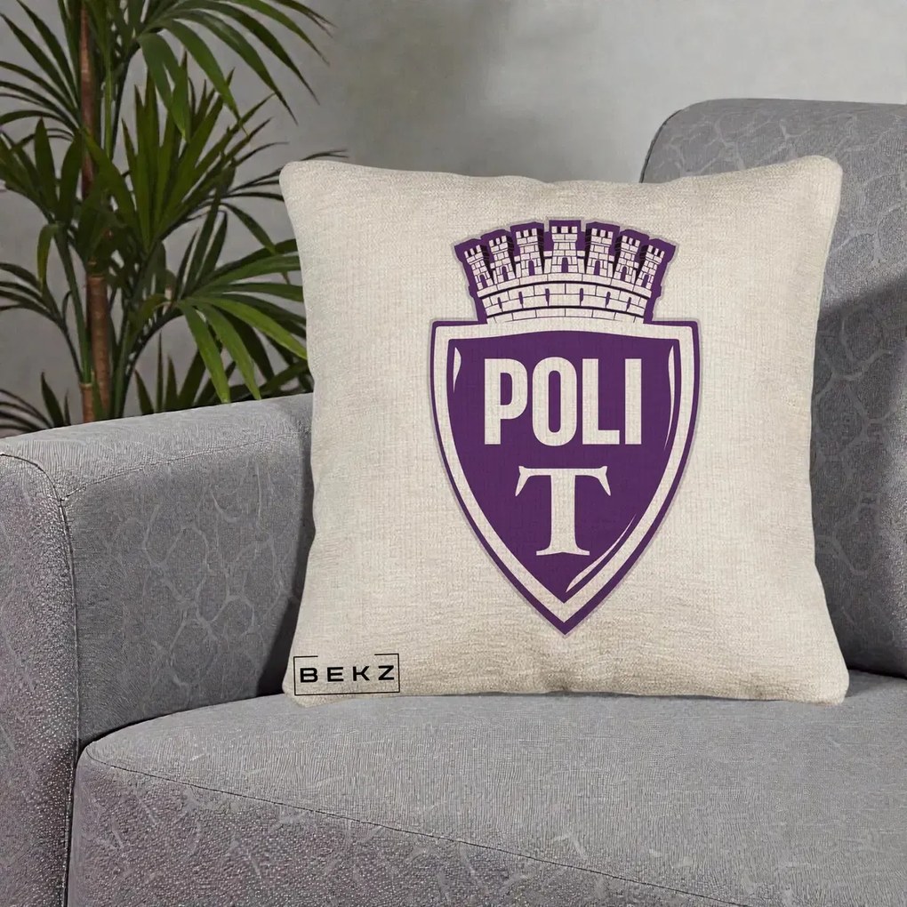 Perna Personalizata Poli Timisoara Fotbal, 40x40 cm, Bej Canapea, Husa Detasabila, Perna Inclusa, BEKZ®