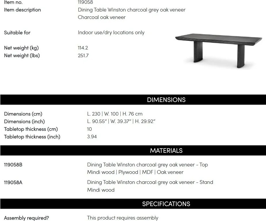 Masa Dining din Lemn, MDF furniruit, Gri Carbune, Winston 230x100cm