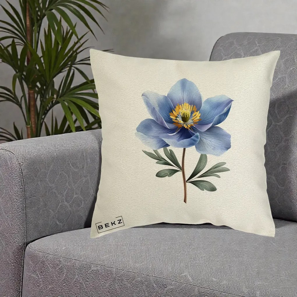 Perna Decorativa Anemona Albastra Botanica, 40x40 cm, Ecru, Husa Detasabila, Perna Inclusa, BEKZ®