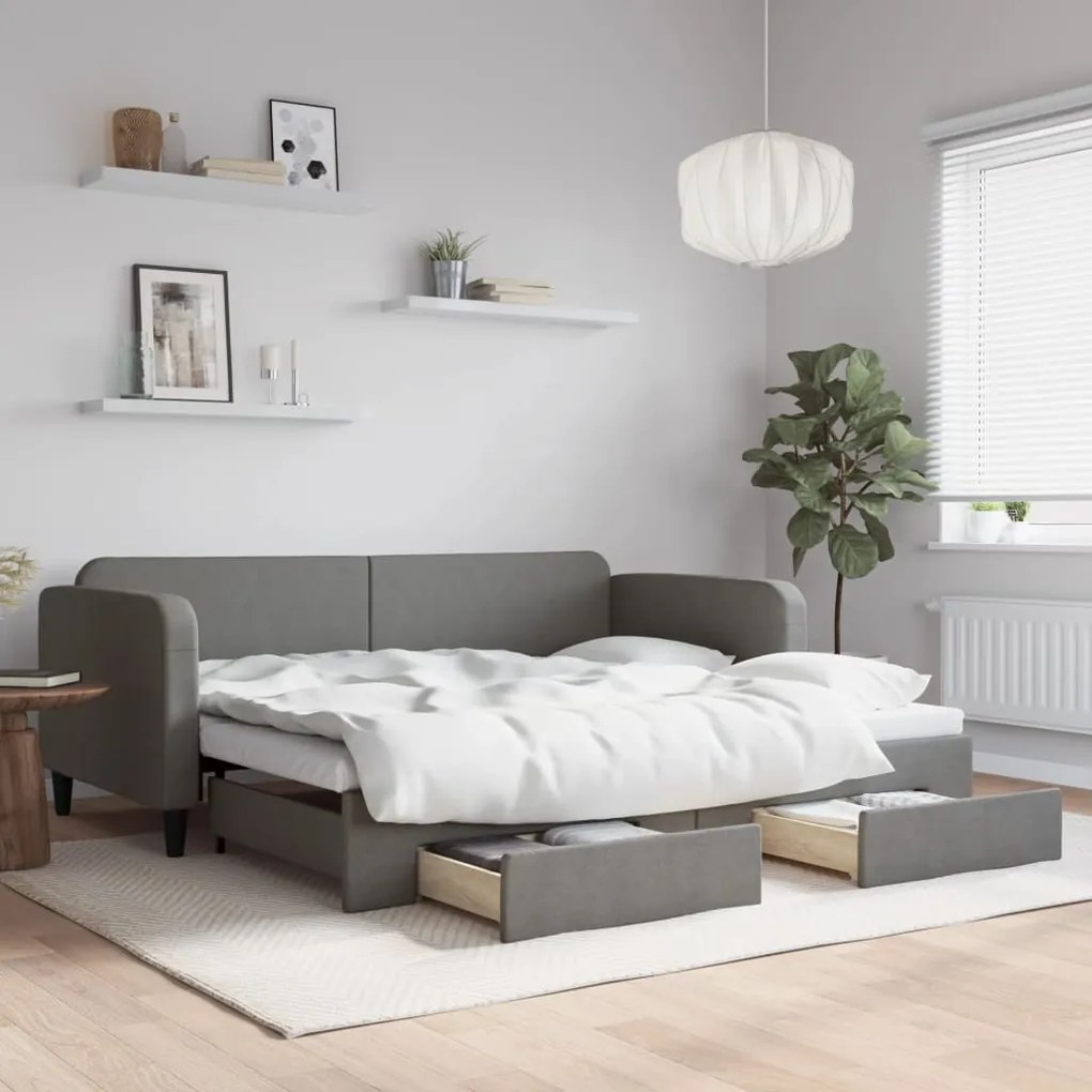 vidaXL Pat de zi cu extensie și sertare, gri închis, 90x200 cm textil