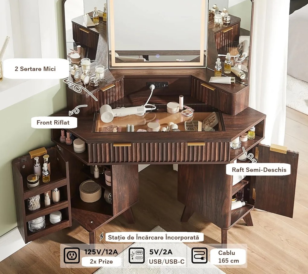 Masuta machiaj cu Oglinda LED si 3 Sertare pentru Cosmetice, Set Masa toaleta 122 cm, Maro, masuta cosmetica, vanity - SEM22