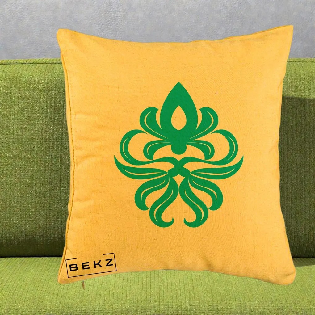 Perna Decorativa Ornament Turcoaz Fleur de Lis, 40x40 cm, Galben, Husa Detasabila, Perna Inclusa, BEKZ®