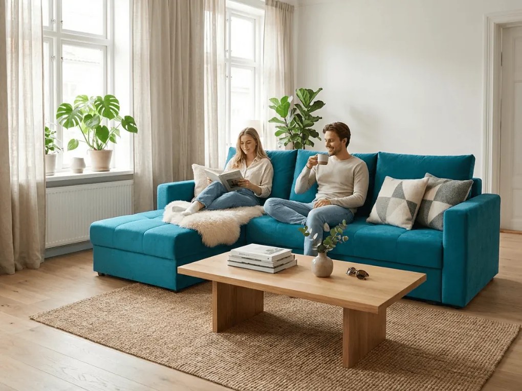 Canapea coltar extensibil ZENOVA 220 x 140 cm, reversibila - albastru