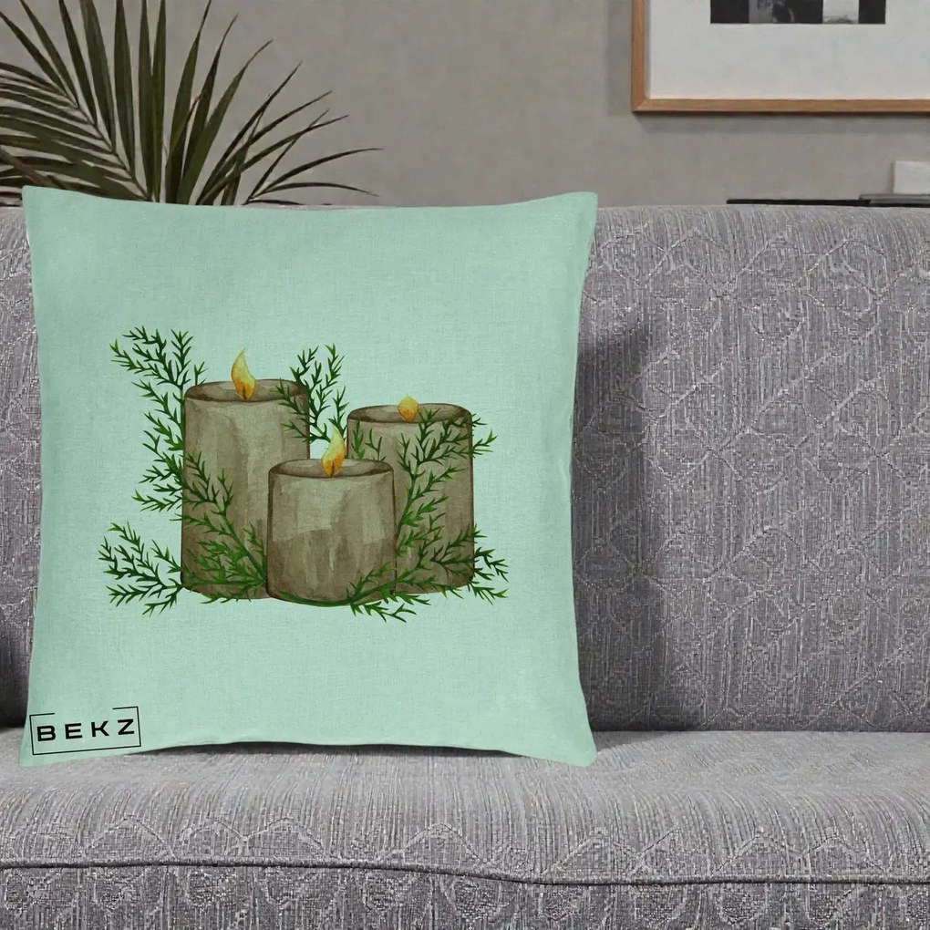 Perna Decorativa Lumanari Rustice cu Crengute Brad, 40x40 cm, Verde Menta, Husa Detasabila, Perna Inclusa, BEKZ®