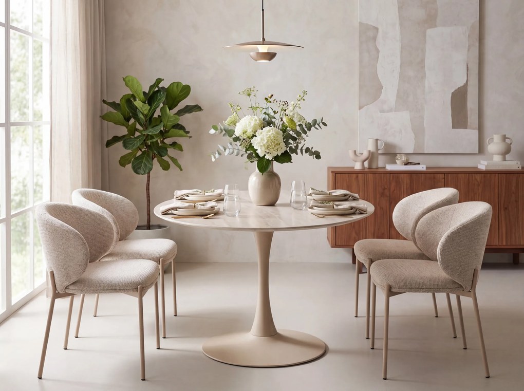 Masa rotunda de dining AMADEO cu blat ceramic 90x90 cm, bej