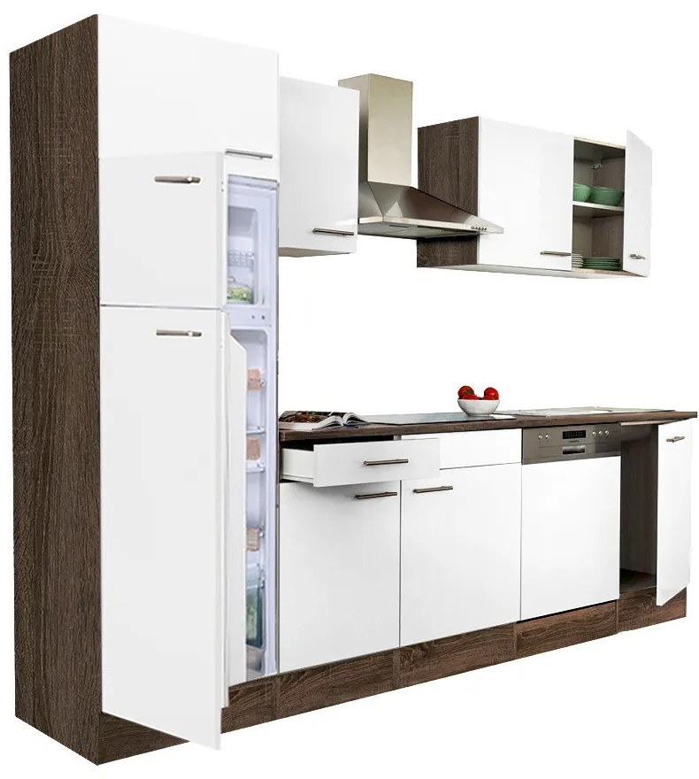 Mobilă de bucătărie Yorki 280, corp din stejar Yorki, față alb satinat, frigider cu congelator superior