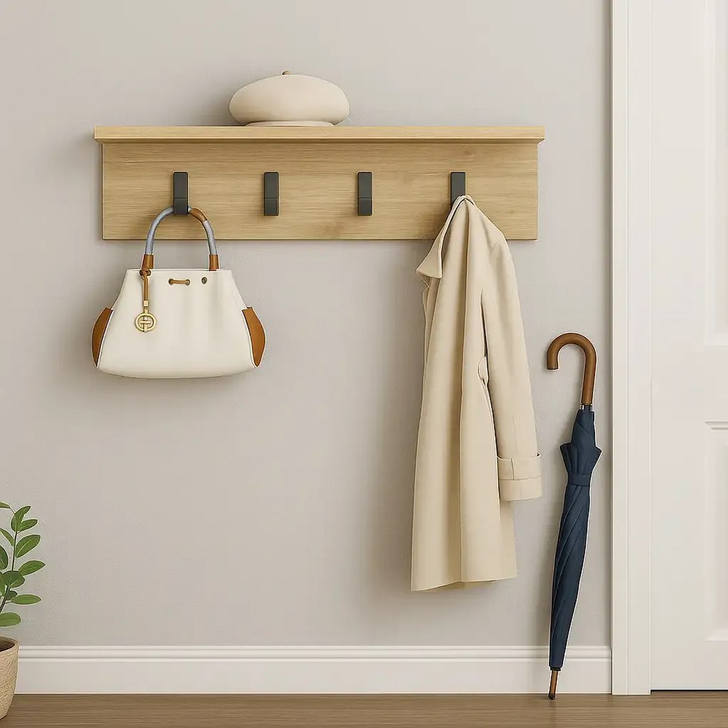 Cuier cu 4 agatatori si polita, AnatolyaHoms,  60 x 16 x 15 cm, stejar