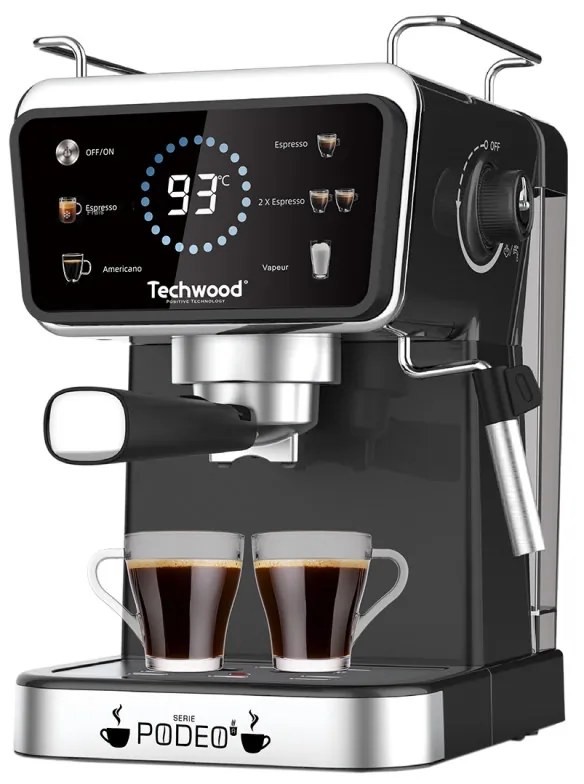 Espressor manual Techwood TCA-1386EXN, 1350W, 20 bar, 1.5 l, Cafea macinata si capsule Nesspresso5 functii, Ecran tactil, Duză de abur, Negru/Inox