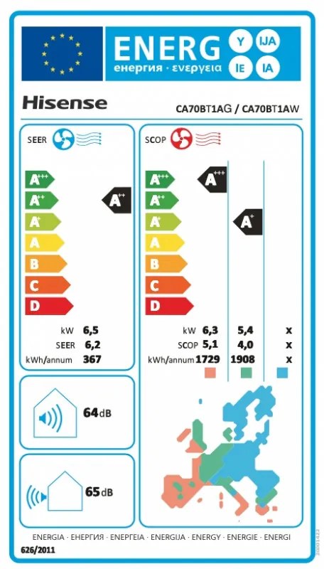 Aparat de aer conditionat inverter Hisense Easy Smart CA70BT1A, 24000 BTU, 48 m², A++, Silentios, FreezeProtect pana la -15°C, Alb