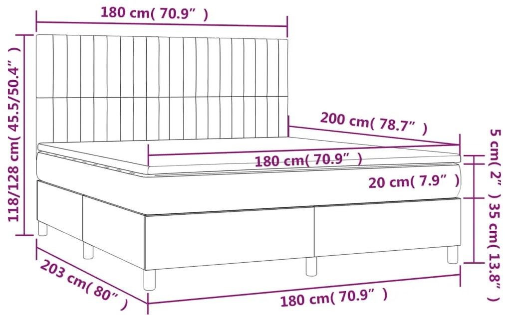 Pat cu arcuri, saltea si LED, gri deschis, 180x200 cm, catifea Gri deschis, 180 x 200 cm, Benzi verticale