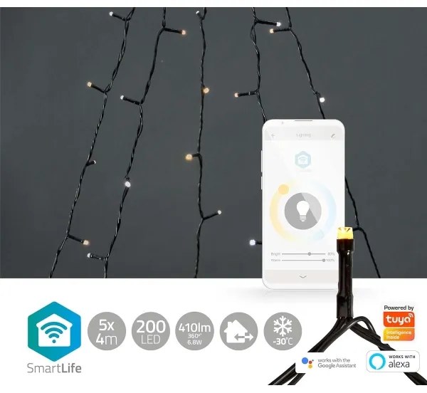 Nedis WIFILXT12W200 - LED perde de Crăciun 200 LED, 8 funcții, 5x7m, IP65, Wi-Fi