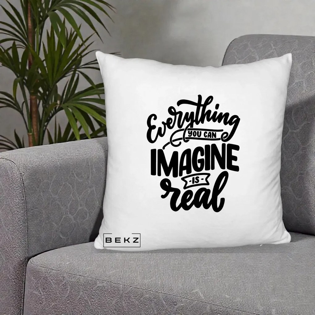 Perna Decorativa Everything You Can Imagine Is Real, 40x40 cm, Alb Pufos, Husa Detasabila, Perna Inclusa, BEKZ®