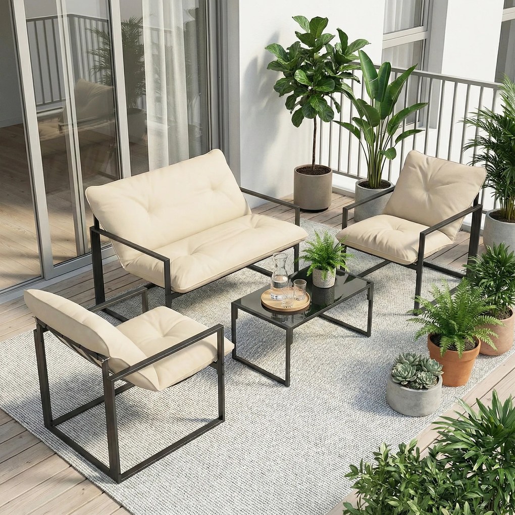 Outsunny Set Mobilier de Exterior cu Masă din Sticlă, Canapea, 2 Fotolii și Perne, Bej | Aosom Romania