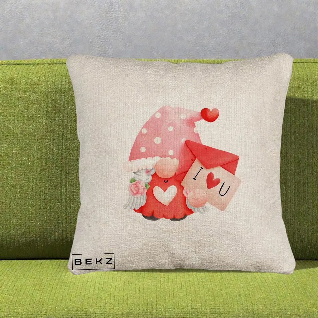 Cadou Romantic - Perna Personalizata I Love You Gnome Valentine cu Scrisoare, 40x40 cm, Bej Canapea, Husa Detasabila, Perna Inclusa, BEKZ®