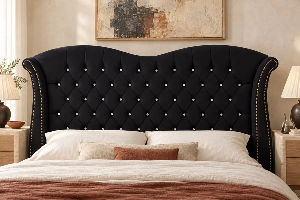 Pat tapițat Chesterfield Avella 140×200 cm, negru, cu ladă de depozitare