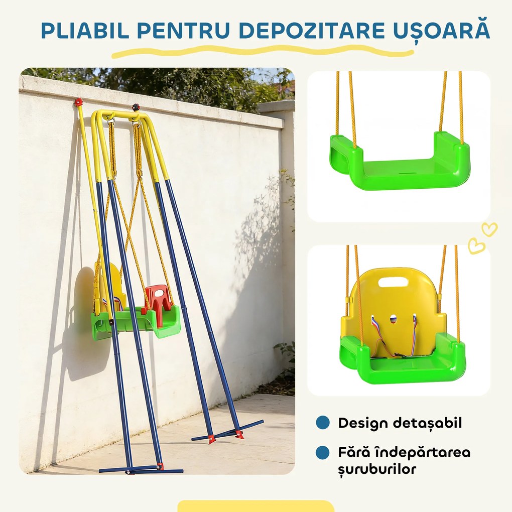 AIYAPLAY Leagăn 3-în-1 pentru Grădină, Leagăn pentru Bebeluși de Interior și Exterior, Înălțime Reglabilă, Cadru Pliabil din Oțel, Centură de Siguranță, Ușor de Montat, 9 Luni-8 Ani, Verde | Aosom Romania