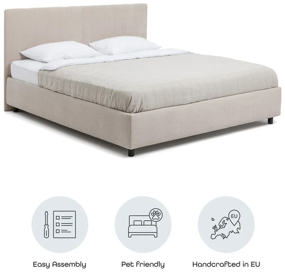 Pat matrimonial bej tapițat cu spațiu de depozitare cu somieră 180x200 cm Myra Slim Line – Bonami Selection